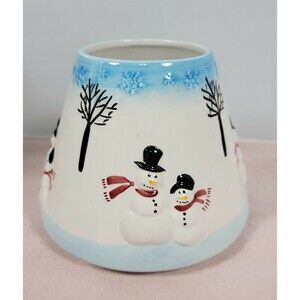 Holiday time snowman candle shade hand painted ceramic blue and white